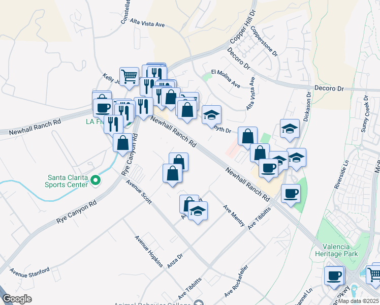 map of restaurants, bars, coffee shops, grocery stores, and more near 24911 Avenue Stanford in Santa Clarita