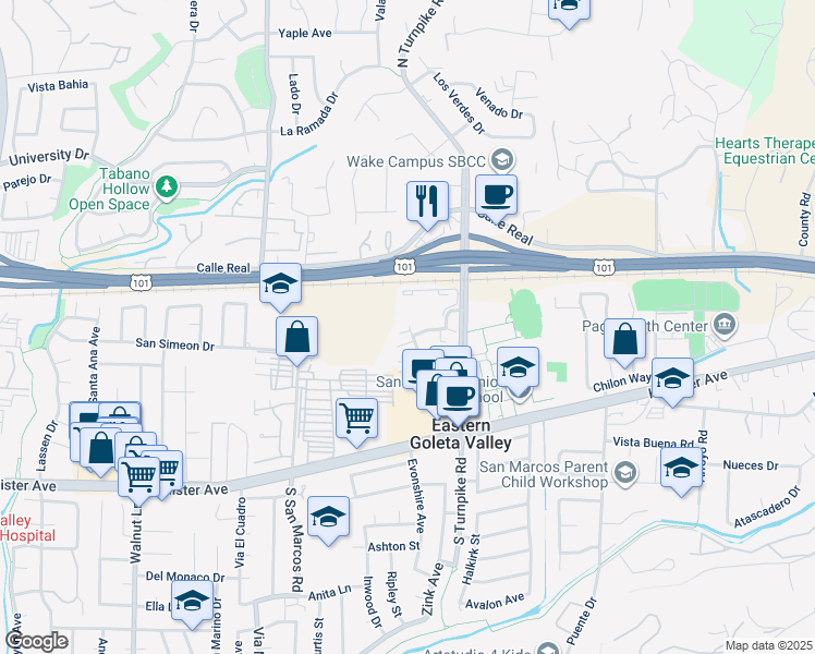 map of restaurants, bars, coffee shops, grocery stores, and more near 179 San Angelo in Goleta