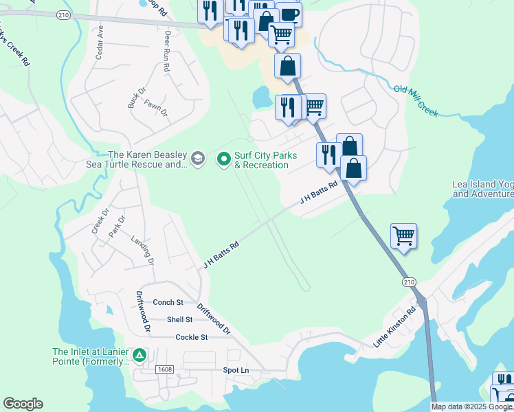 map of restaurants, bars, coffee shops, grocery stores, and more near 110B James Avenue in Surf City