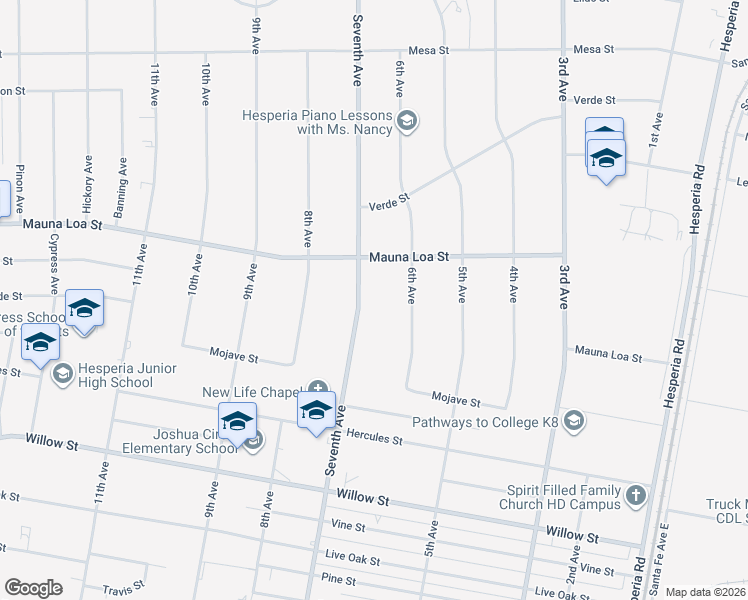 map of restaurants, bars, coffee shops, grocery stores, and more near 10421 7th Avenue in Hesperia