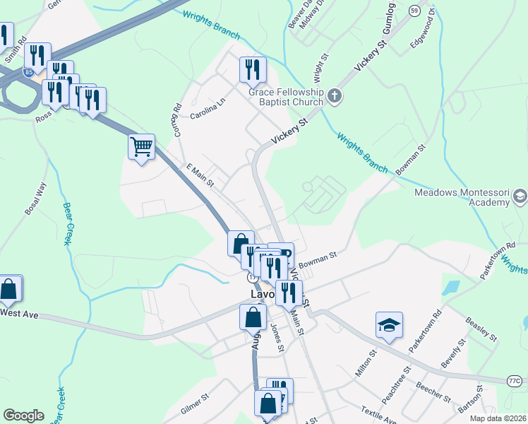 map of restaurants, bars, coffee shops, grocery stores, and more near 5474 Vickery Street in Lavonia