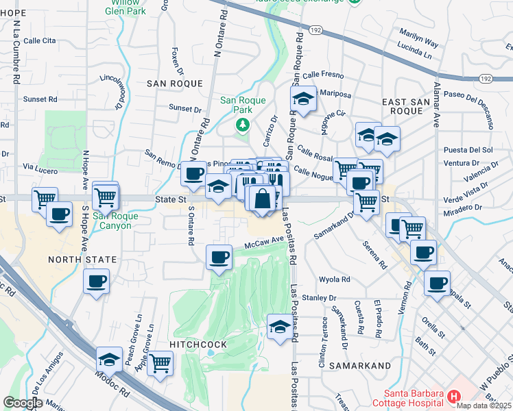 map of restaurants, bars, coffee shops, grocery stores, and more near 3333 State Street in Santa Barbara
