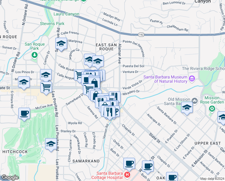 map of restaurants, bars, coffee shops, grocery stores, and more near 2933 Verde Vista Drive in Santa Barbara