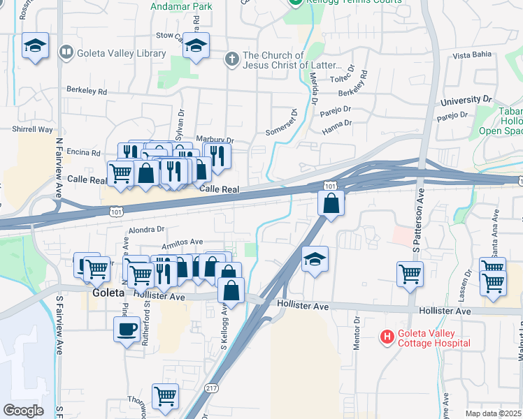 map of restaurants, bars, coffee shops, grocery stores, and more near 20 South Kellogg Avenue in Goleta