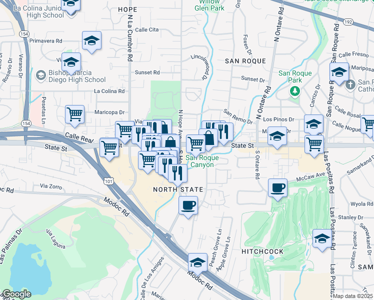 map of restaurants, bars, coffee shops, grocery stores, and more near 3791 State Street in Santa Barbara