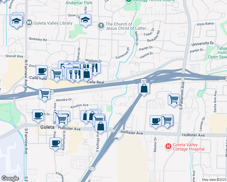 map of restaurants, bars, coffee shops, grocery stores, and more near 20 South Kellogg Avenue in Goleta