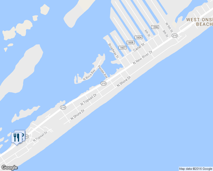 map of restaurants, bars, coffee shops, grocery stores, and more near 1417 North Topsail Drive in Holly Ridge
