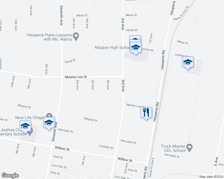 map of restaurants, bars, coffee shops, grocery stores, and more near 10433 4th Avenue in Hesperia