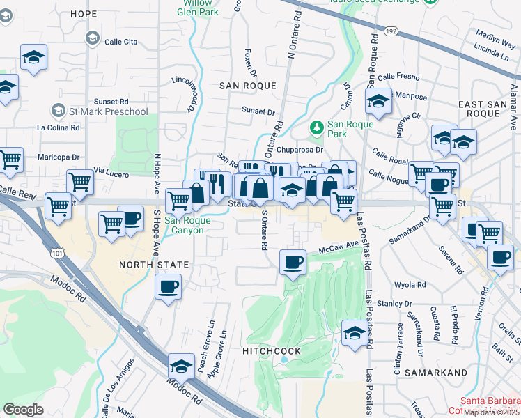 map of restaurants, bars, coffee shops, grocery stores, and more near 3605 State Street in Santa Barbara