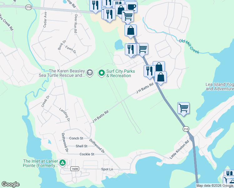 map of restaurants, bars, coffee shops, grocery stores, and more near 110 James Avenue in Surf City
