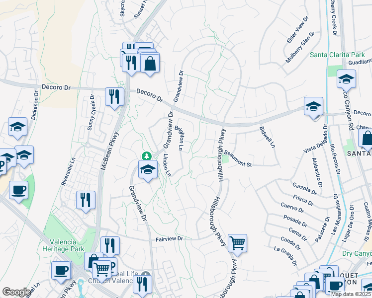 map of restaurants, bars, coffee shops, grocery stores, and more near 23609 Wilmington Court in Santa Clarita