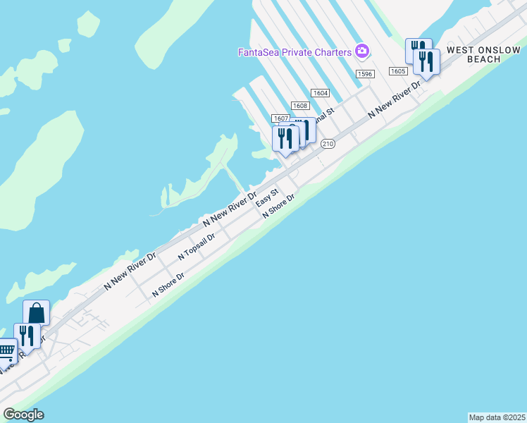 map of restaurants, bars, coffee shops, grocery stores, and more near 1424 North Topsail Drive in Surf City