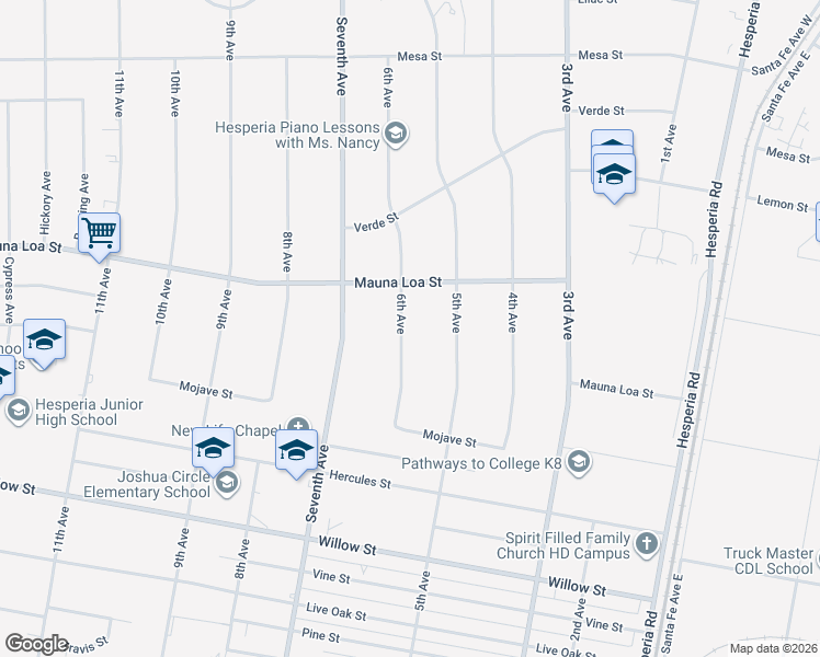 map of restaurants, bars, coffee shops, grocery stores, and more near 10421 6th Avenue in Hesperia