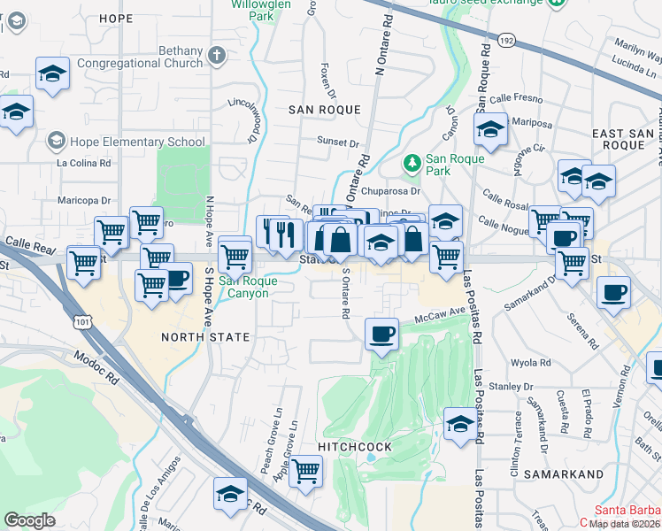 map of restaurants, bars, coffee shops, grocery stores, and more near 3609 State Street in Santa Barbara