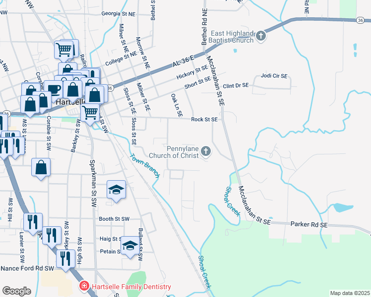 map of restaurants, bars, coffee shops, grocery stores, and more near 600 Homeplace Avenue Southeast in Hartselle