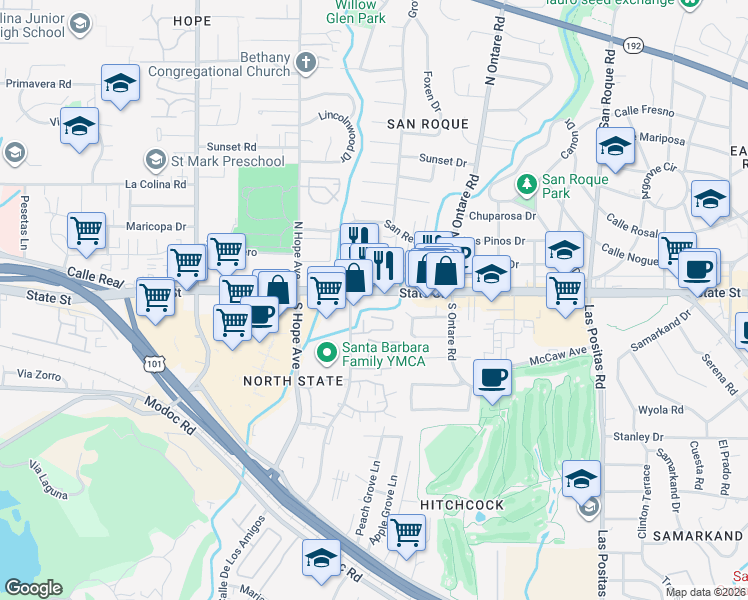 map of restaurants, bars, coffee shops, grocery stores, and more near 3731 State Street in Santa Barbara