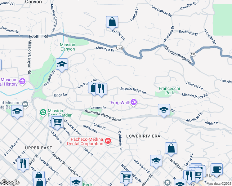 map of restaurants, bars, coffee shops, grocery stores, and more near 1011 San Carlos Road in Santa Barbara