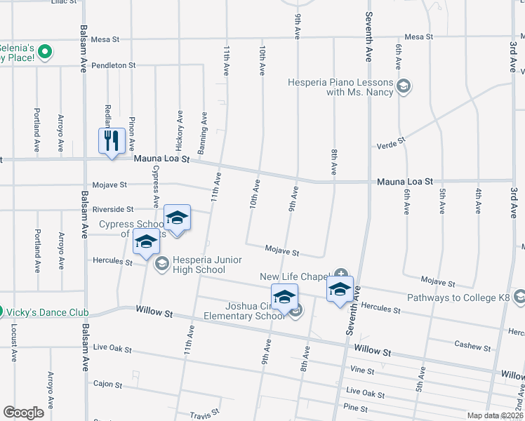 map of restaurants, bars, coffee shops, grocery stores, and more near 10427 10th Ave in Hesperia