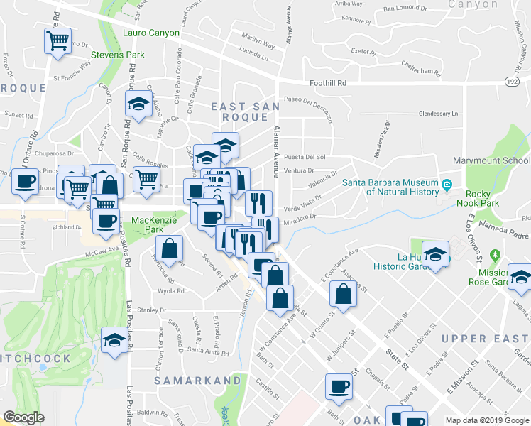 map of restaurants, bars, coffee shops, grocery stores, and more near 2923 Verde Vista Drive in Santa Barbara