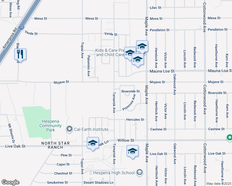 map of restaurants, bars, coffee shops, grocery stores, and more near 10437 Tamarisk Avenue in Hesperia