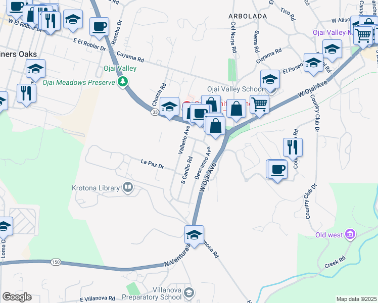 map of restaurants, bars, coffee shops, grocery stores, and more near 217 South Carrillo Road in Ojai
