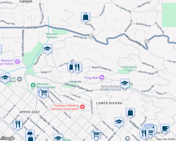 map of restaurants, bars, coffee shops, grocery stores, and more near 1011 San Carlos Road in Santa Barbara