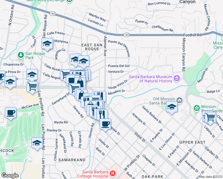 map of restaurants, bars, coffee shops, grocery stores, and more near 2881 Verde Vista Drive in Santa Barbara