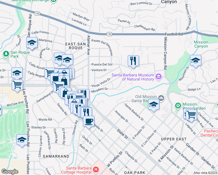 map of restaurants, bars, coffee shops, grocery stores, and more near 2818 Miradero Drive in Santa Barbara