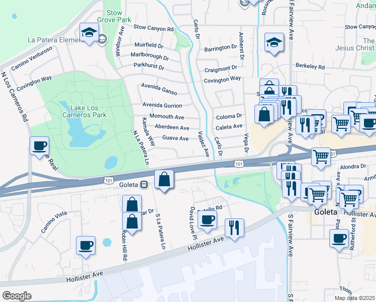 map of restaurants, bars, coffee shops, grocery stores, and more near 67 Newcastle Circle in Goleta