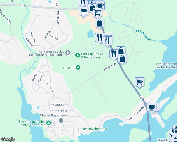 map of restaurants, bars, coffee shops, grocery stores, and more near 112 James Avenue in Surf City