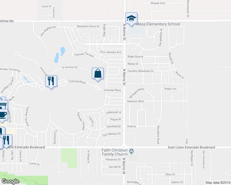 map of restaurants, bars, coffee shops, grocery stores, and more near 2017 Colonial Parkway in Clovis