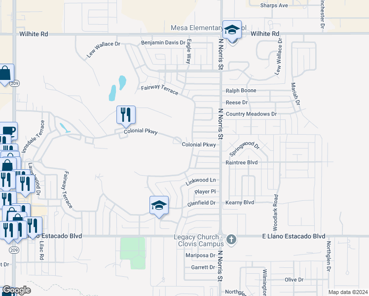 map of restaurants, bars, coffee shops, grocery stores, and more near 1917 Colonial Parkway in Clovis