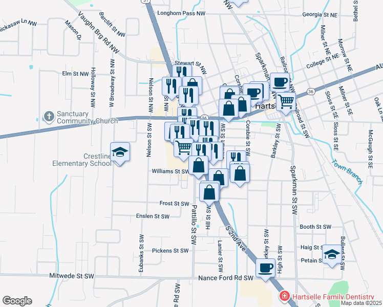 map of restaurants, bars, coffee shops, grocery stores, and more near 501 Highway 31 Southwest in Hartselle