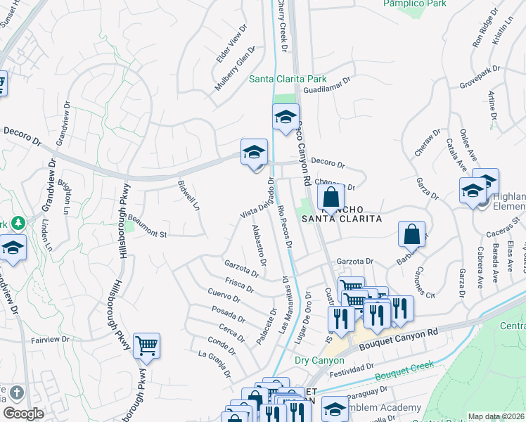 map of restaurants, bars, coffee shops, grocery stores, and more near 27094 Alabastro Drive in Santa Clarita