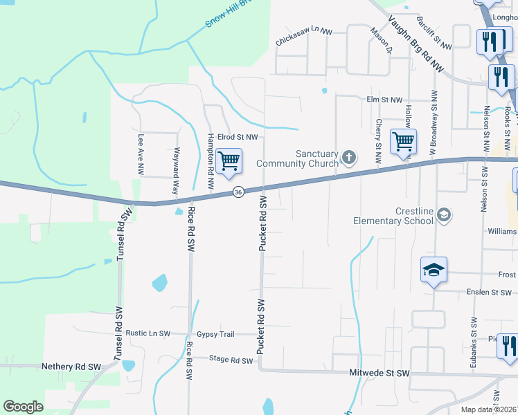 map of restaurants, bars, coffee shops, grocery stores, and more near 91-97 Pucket Rd in Hartselle