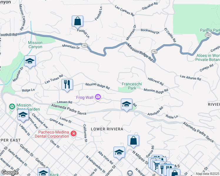 map of restaurants, bars, coffee shops, grocery stores, and more near 1600 Mission Ridge Road in Santa Barbara