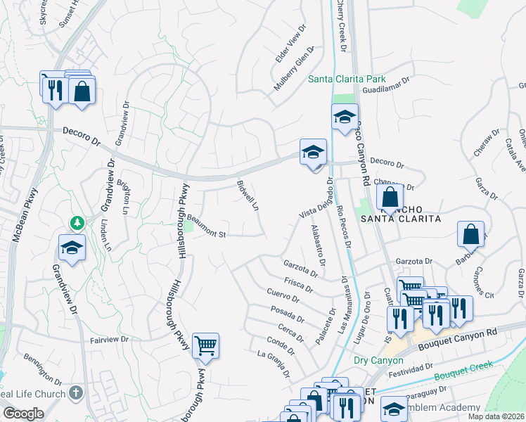map of restaurants, bars, coffee shops, grocery stores, and more near 27152 Bidwell Lane in Santa Clarita