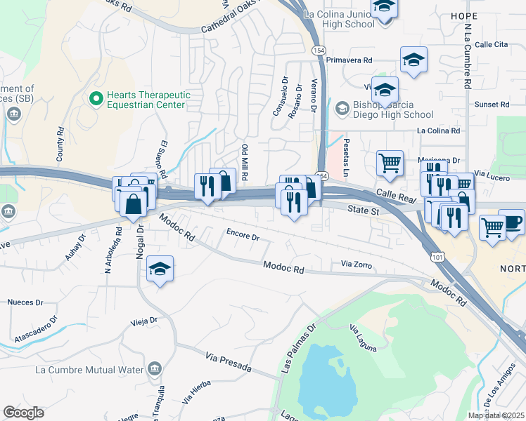 map of restaurants, bars, coffee shops, grocery stores, and more near 4203 State Street in Santa Barbara