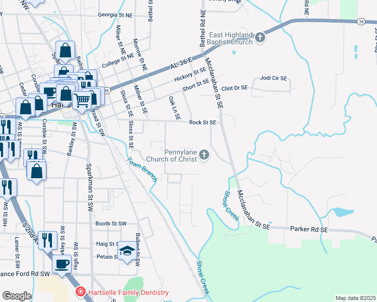 map of restaurants, bars, coffee shops, grocery stores, and more near 600 Homeplace Avenue Southeast in Hartselle