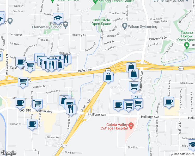 map of restaurants, bars, coffee shops, grocery stores, and more near 35 Dearborn Place in Goleta