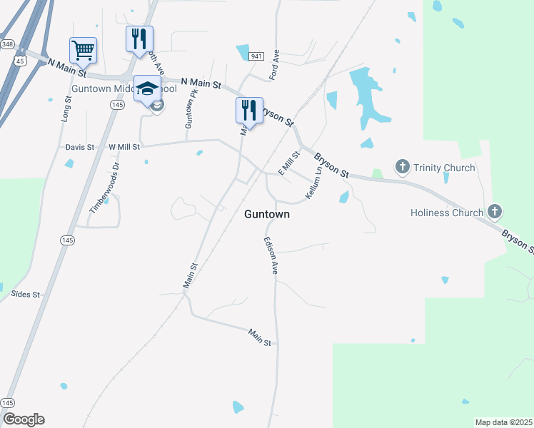 map of restaurants, bars, coffee shops, grocery stores, and more near in Guntown