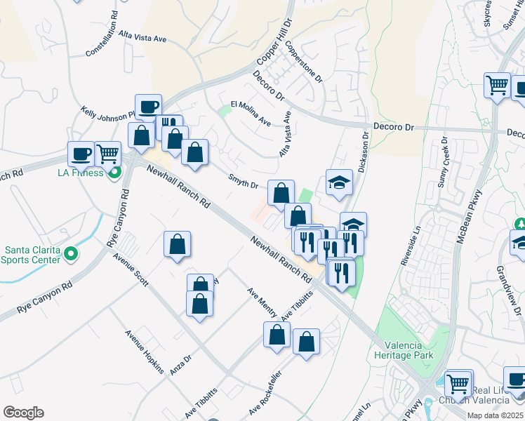map of restaurants, bars, coffee shops, grocery stores, and more near 27875 Smyth Drive in Santa Clarita