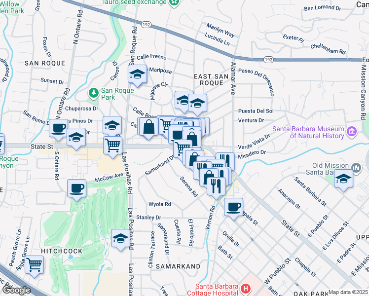 map of restaurants, bars, coffee shops, grocery stores, and more near in Santa Barbara