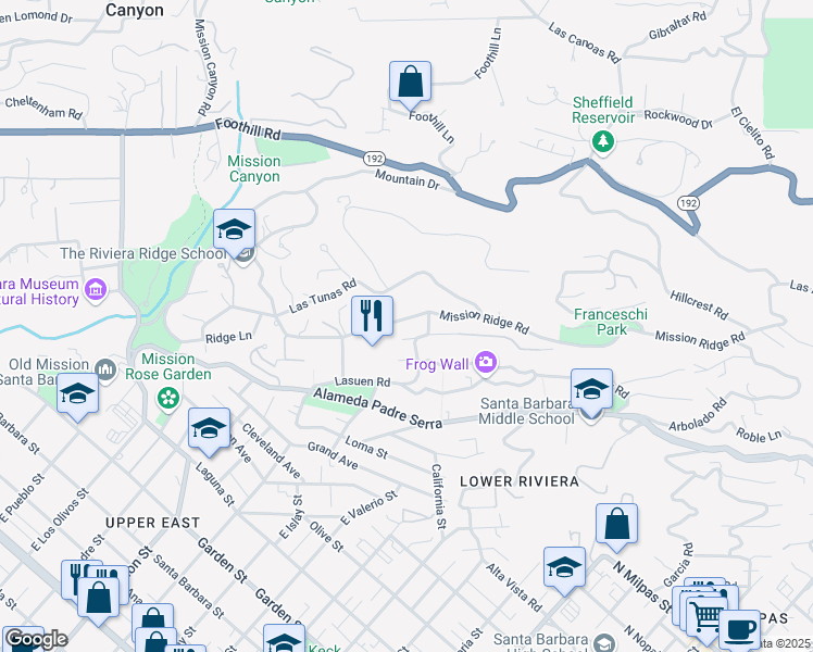 map of restaurants, bars, coffee shops, grocery stores, and more near 1917 Mission Ridge Road in Santa Barbara