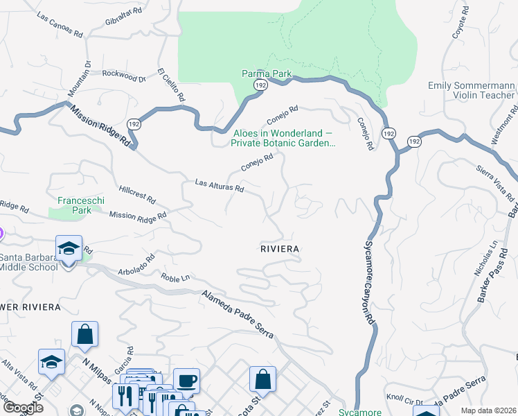 map of restaurants, bars, coffee shops, grocery stores, and more near 1029 Las Alturas Road in Santa Barbara