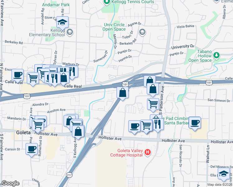 map of restaurants, bars, coffee shops, grocery stores, and more near 35 Dearborn Place in Goleta