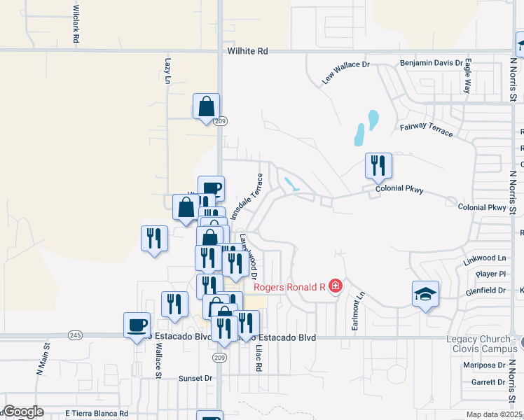 map of restaurants, bars, coffee shops, grocery stores, and more near 1100 Colonial Parkway in Clovis