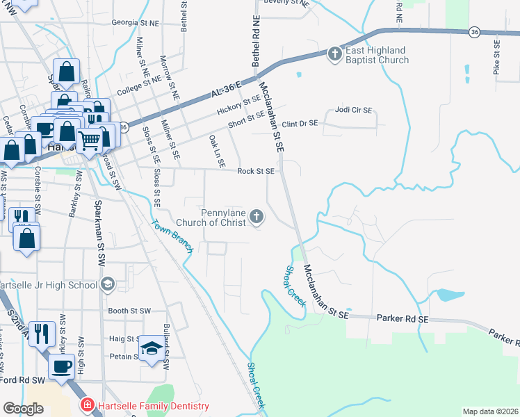 map of restaurants, bars, coffee shops, grocery stores, and more near 611 Cedar Cove Road Southeast in Hartselle
