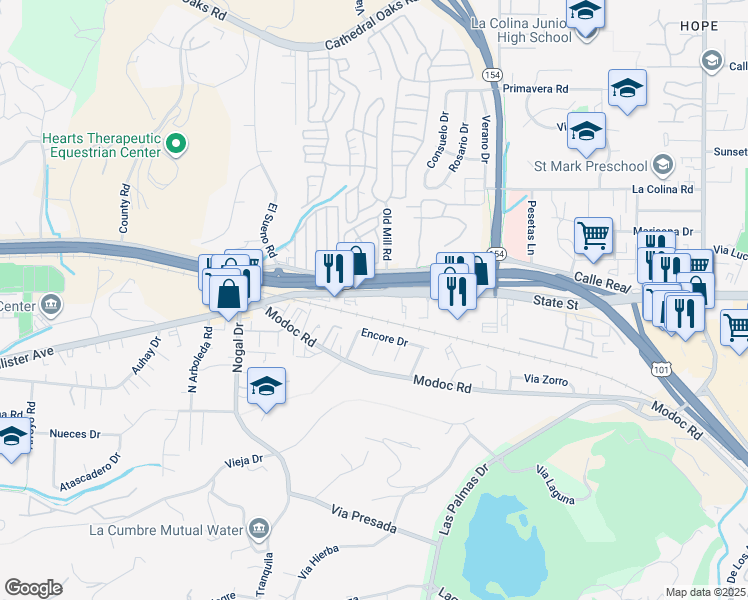 map of restaurants, bars, coffee shops, grocery stores, and more near 4241 State Street in Santa Barbara
