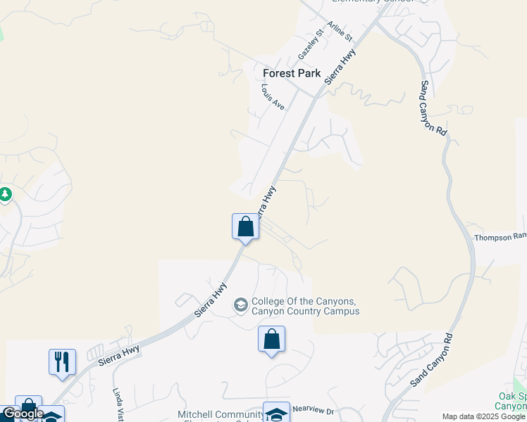map of restaurants, bars, coffee shops, grocery stores, and more near 16946 Sierra Highway in Los Angeles County